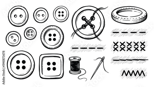 Buttons and Sewing Elements Vector: Needle, Thread, Spool, and Various Stitch Types. Fabric, and Needlework Graphics.