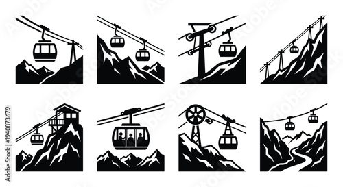 Cable car vector icons featuring gondola lift system above mountain peaks and winding river, detailed cableway illustration.