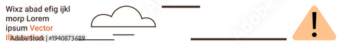 Cloud computing, data security, risk management, system notification, server monitoring, online services. Minimalist design with cloud, warning triangle and lines. Cloud computing and data security