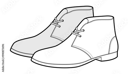 Desert boot women sketch pair. Clean lace ankle boot for relaxed city outfit and travel wear. Technical fashion illustration CAD mockup vector man unisex isolated classic style.