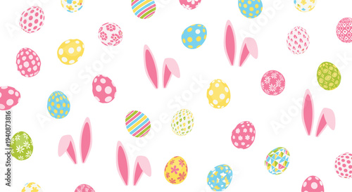 Numerous colorful Easter eggs with various patterns and pink bunny ears are scattered randomly across a clean white background.