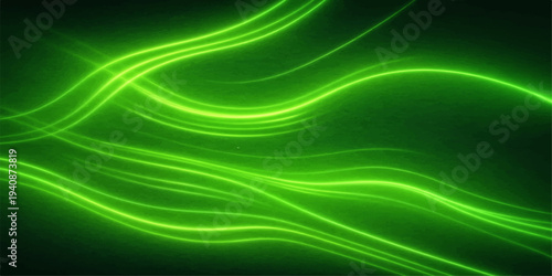 An abstract green wave background features a flowing digital design with light curves and wavy lines to create a futuristic motion pattern for a textured wallpaper