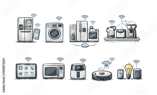 Smart home appliance icon set in line style. wi-fi connected devices icon collection