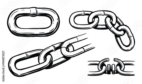 Chain links collection drawing. Metallic chain links of different sizes and shapes in black and white style for design and decoration