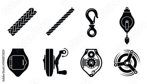 Chalk line reel icons collection with rope, hook, gears, and plumb bob, for construction, repair, and industrial projects