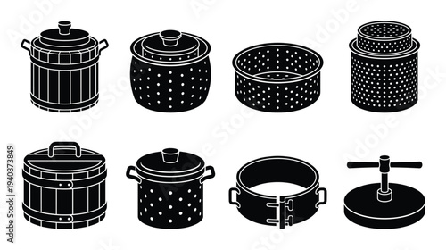 Cheese pressing mold wheel icons vector set. Cheese making equipment, round cheesemaking press tools collection.