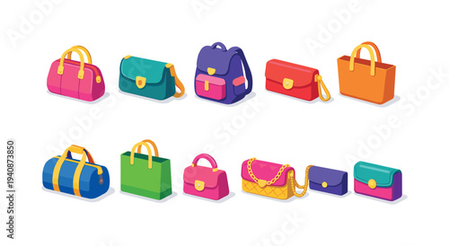 Icon set of bags and luggage in vibrant 3d style. handbags, backpacks, and totes.