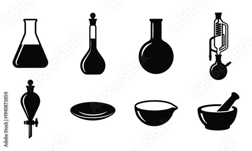 Chemistry glassware silhouette collection: flask, condenser, separatory funnel, mortar, pestle, petri dish, beaker tools.