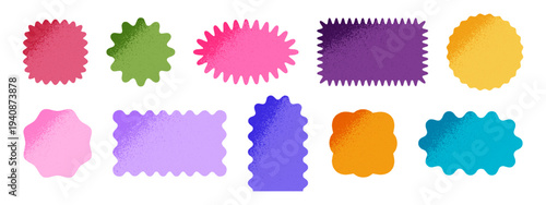 Colorful shapes with wavy edges and grunge shadow texture. Basic geometric forms with scalloped borders and grainy structure. Empty textboxes, stickers, tags or labels. Vector flat illustration.