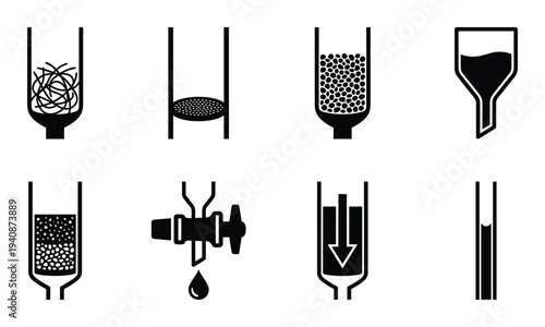 Chromatography techniques silhouette collection, filtration, separation processes, column chromatography, funnel and flow control.