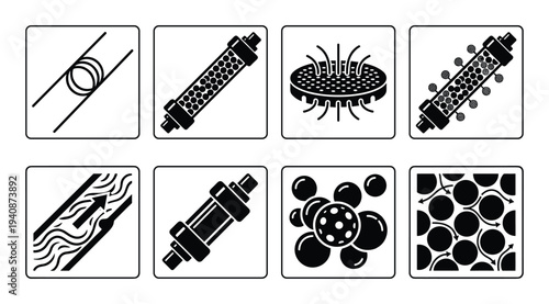 Chromatography techniques vector icons. Column, gel filtration, thin layer, affinity and adsorption chromatography.