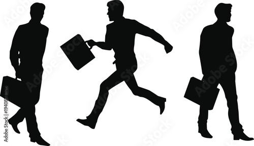Businessman running with briefcase silhouettes set, corporate employee hurry action poses, office work concept vector illustration collection