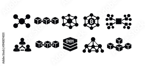 Blockchain, cryptocurrency silhouette icon set. decentralized network silhouette icons