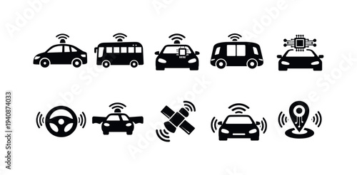 Self-driving, autonomous vehicle silhouette icon set. future transportation icons