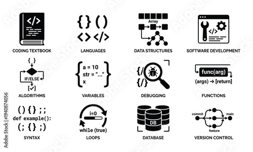 Coding and Programming Icons Set: Textbook, Languages, Structures, Development, Algorithms, Variables, Debugging