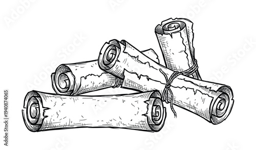Collection of ancient paper scrolls tied with string, sketch style illustration in black and white, educational and historic documents