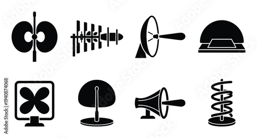 Collection of detailed silhouette antenna vector designs for radio, satellite, television, and communications applications