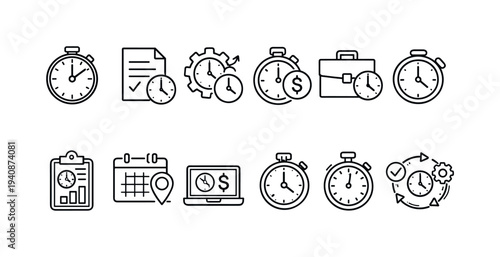 Time management icon set. clocks, timers, calendars, outline style icons collection