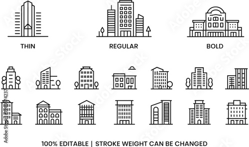 City buildings architecture skyline urban office tower editable stroke line icon set thin regular bold vector collection