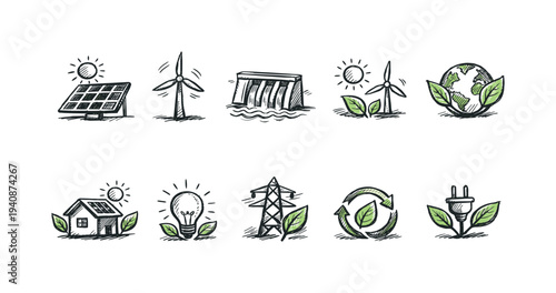 Eco energy outline icon set. renewable, solar, wind, green power icons collection