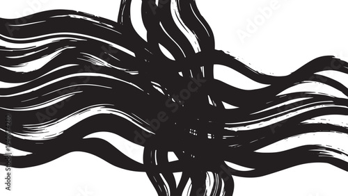 Abstract black ink brush strokes vector background with wavy, textured lines intersecting on a white canvas, ideal for modern graphic design, grunge textures, or artistic overlays.