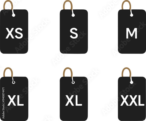 Clothing size labels tags XS S M XL XXL apparel measurement fashion retail vector icon set shopping guide