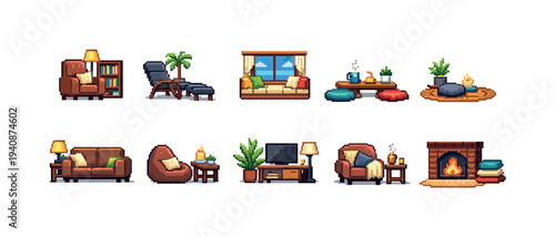 Cozy living room flat icon set with furniture and decor elements collection