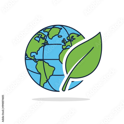 Earth globe icon with green leaf symbolizing environmental protection and sustainability