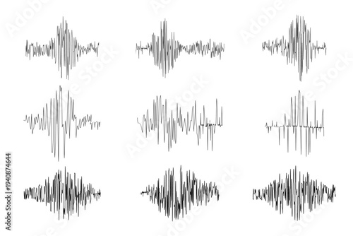 Set of polygraph or Richter magnitude scales isolated on white background. Seismograph or lie detector charts. Ground motion, earthquake line, sound or pulse record waves. Vector graphic illustration