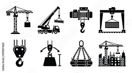 Crane boom hoist icons, industrial construction equipment, crane tower, bridge, hooks, vector illustration.