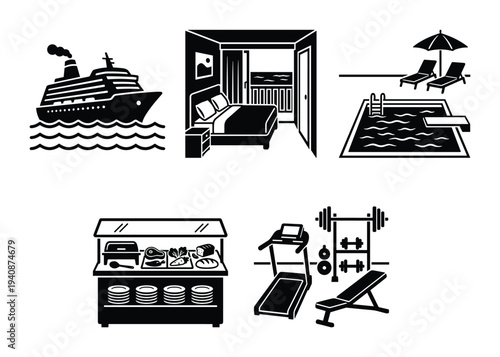 Cruise ship amenities vector set: cabin, pool, dining, gym, cruise, bedroom, fitness, vacation, cruise vacation