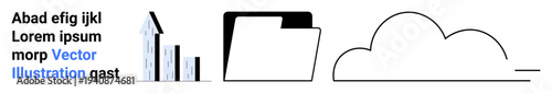 Business, data analysis, document organization, cloud storage, technology, communication . Visual includes a bar graph, folder icon and a cloud shape. Business and data analysis concepts