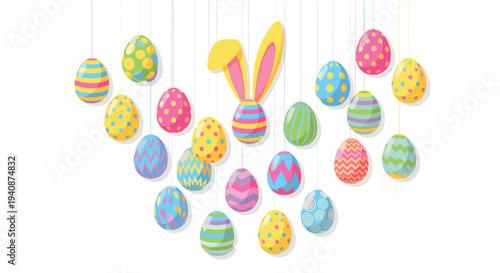 A V-shaped display of colorful patterned Easter eggs and yellow bunny ears hangs suspended by strings against a white background.