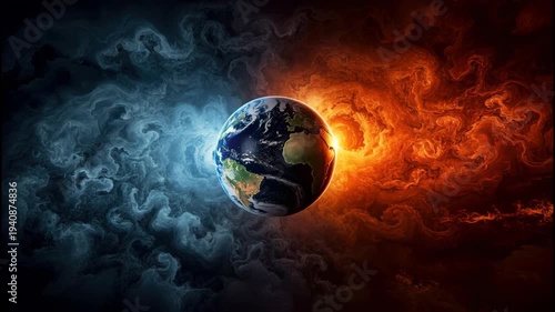 Planet earth suspended between icy blue swirl and fiery red storm, cosmic contrast and fire