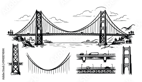 Detailed Bridge Sketch: Complete Structure, Towers, Suspension Cables and Roadway Views