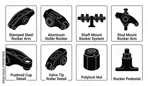Detailed illustration collection of rocker arm fulcrums, including stamped steel, aluminum roller, shaft mount, and stud mount.