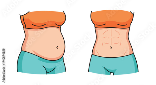 Two female torsos illustrate a before and after weight loss transformation, showing a change from a larger to a toned abdomen.