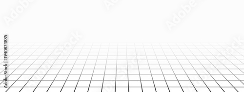 Perspective grid vanishing into infinity. Faded tile floor texture. Checkered plane pattern. Squared virtual reality surface. Geometric design. Mesh background. Vector graphic ilustration