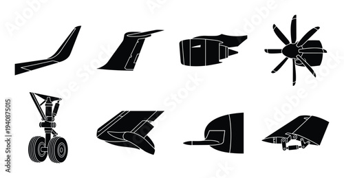 Detailed silhouette collection of aviation aircraft parts, wing, engine, propeller, landing gear. Airplane elements, aviation design