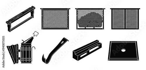 Detailed silhouette collection of beekeeping equipment, bee smoker, hive tool, frames, honeycombs, beekeeping, apiary