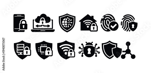 Cybersecurity, privacy silhouette icon set. network security symbols collection