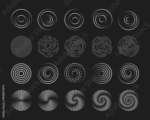 Set of white circular ripple or vibration symbols on black background. Concentric circles with broken lines. Echo, whirlpool, sonar or sound wave, sunburst or signal signs. Vector illustration