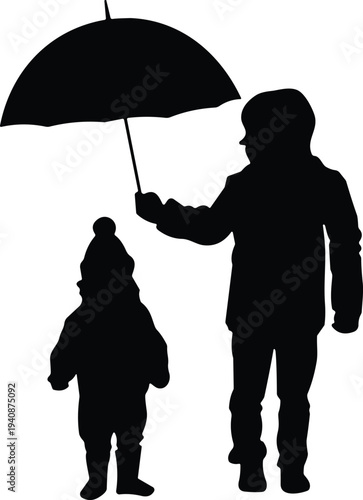 Father holding umbrella over child silhouette, parent protecting kid in rain, family care concept vector illustration