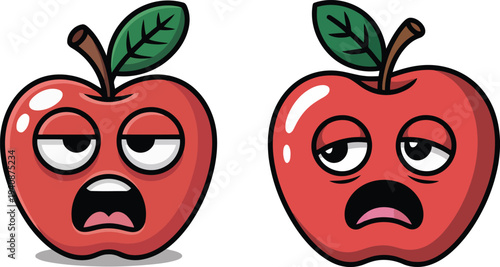Sleepy Cartoon Apple Character with Clean Line Art and Flat Colors. Tired Fruit Mascot with Yawning Mouth and Half-Closed Eyes for Kids Illustration and Lazy Mood