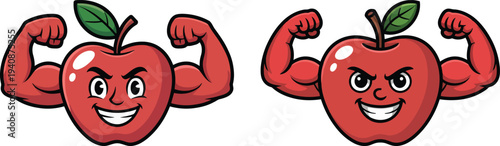 Strong Cartoon Apple Character with Clean Line Art and Flat Colors. Confident Fruit Mascot with Flexed Arms for Fitness, Healthy Food and Hero Concept Illustration