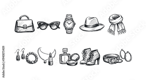 Fashion accessories sketch icon set. hand drawn style for stylish outfit essentials.