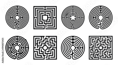 Detailed silhouette collection of labyrinth maze patterns, circular and square designs with intricate paths and geometric shapes