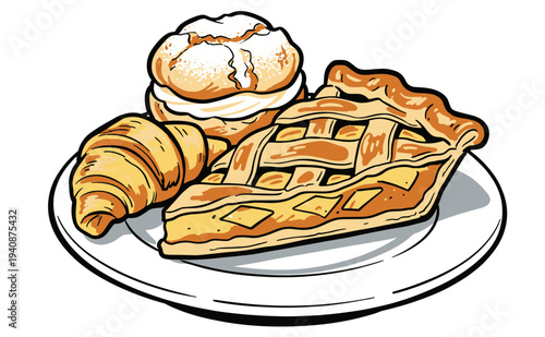 Food club artwork for t shirt print, poster, sticker and other uses. Apple pie, croissant, cream puff, vector artwork