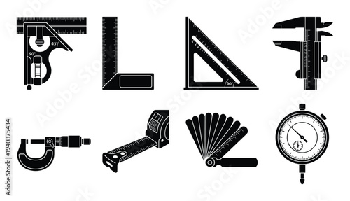 Detailed Silhouette Collection of Measuring Tools: Calipers, Squares, Gauges and Micrometers for Engineering and Precision Measurement