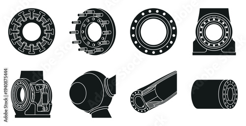 Detailed Silhouette Collection of Mechanical Components and Industrial Parts Engineering Drawings in Black and White